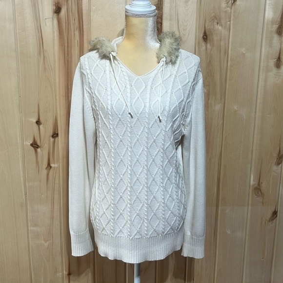 NILS White Cable Knit Fur Hood Pullover Sweater Size L - Picture 1 of 6